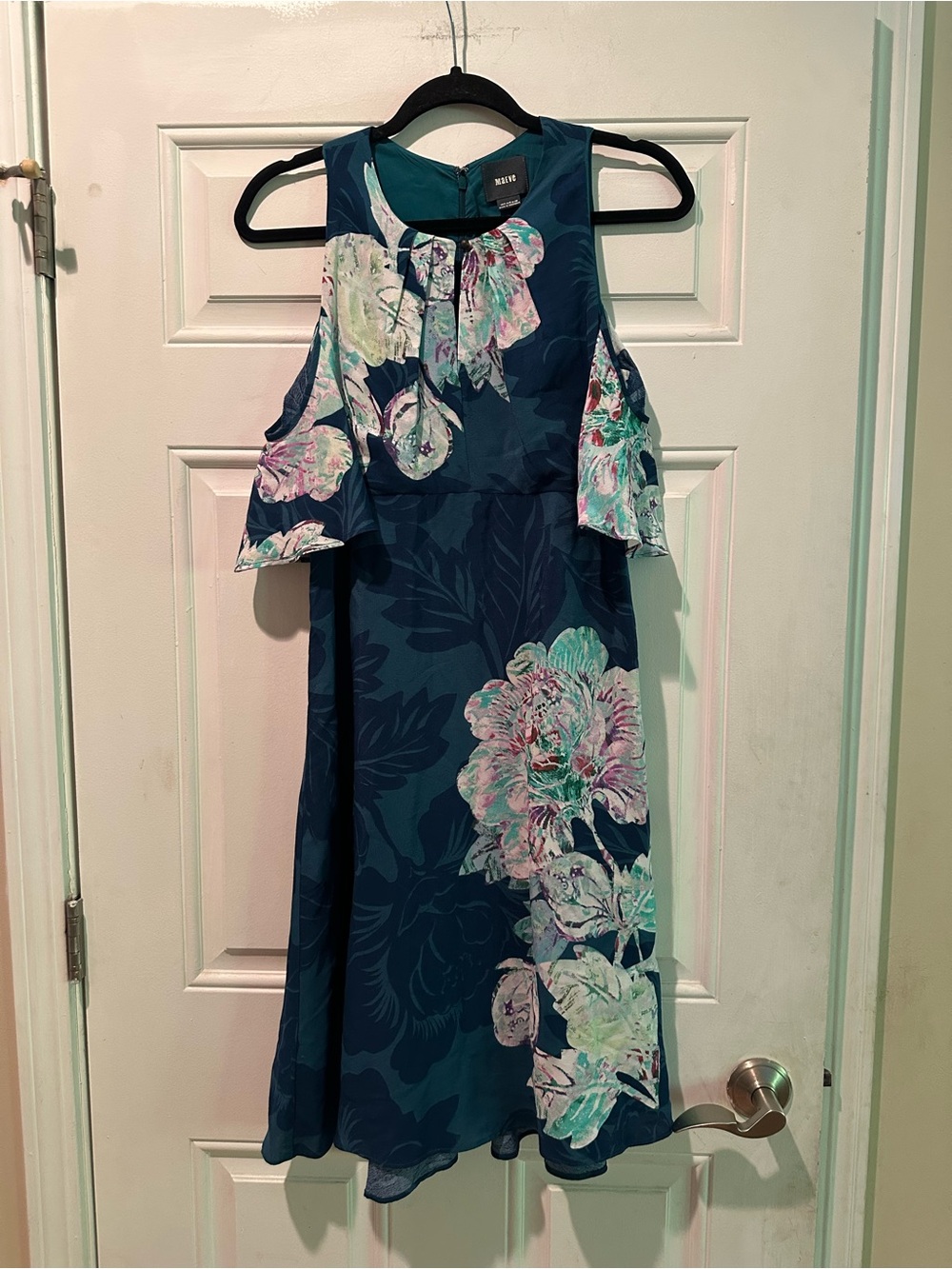 Anthropologie Maeve Teal Floral Open Shoulder Dress